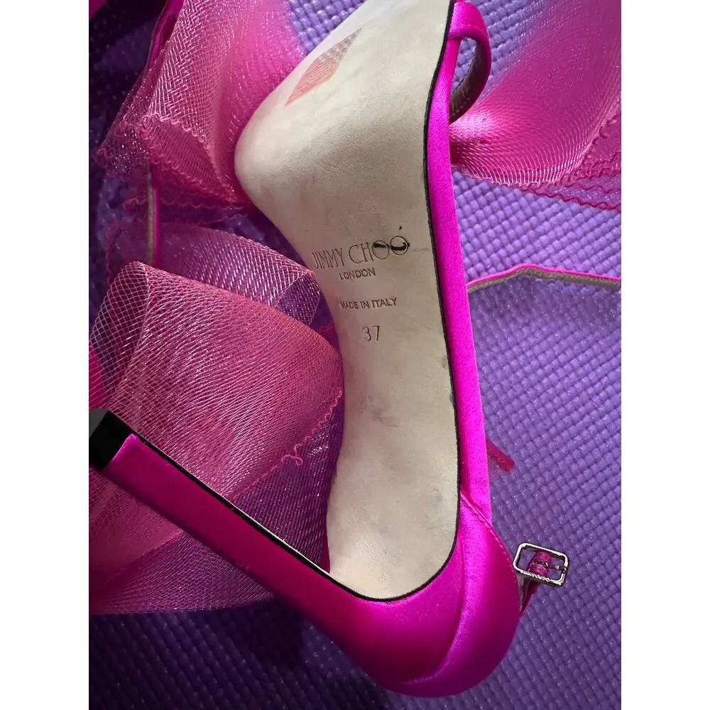 New $995 Jimmy Choo Aveline 100 Fuchsia Bow Sandals Womens Shoes Size 37 Heels